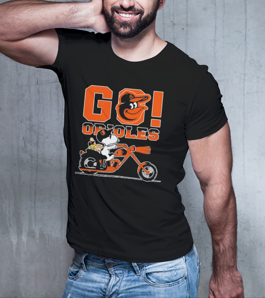 Baltimore Orioles Snoopy And Woodstock Ride Motorcycle Go Orioles T-Shirt