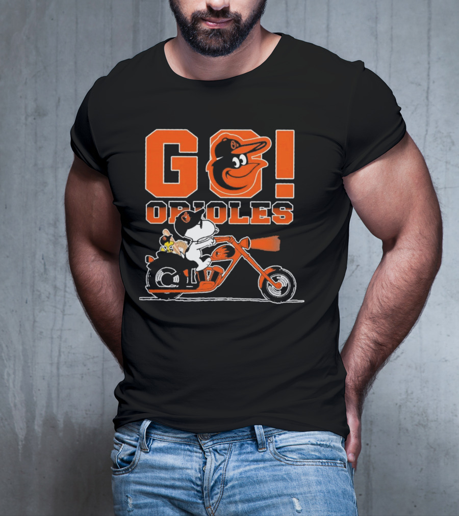 Baltimore Orioles Snoopy And Woodstock Ride Motorcycle Go Orioles T-Shirt