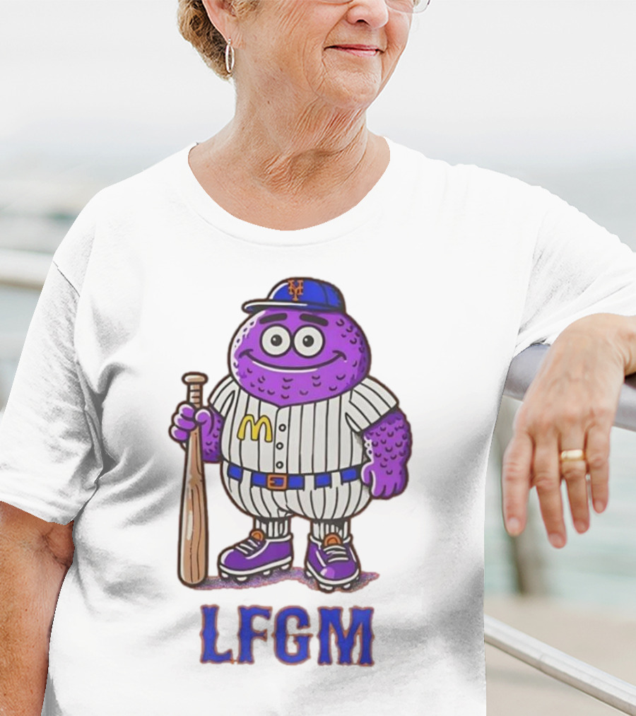 LFGM New York Mets Grimace Cartoon Baseball Bat Character T-Shirt