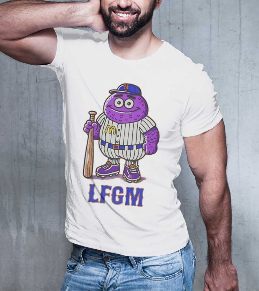 LFGM New York Mets Grimace Cartoon Baseball Bat Character T-Shirt