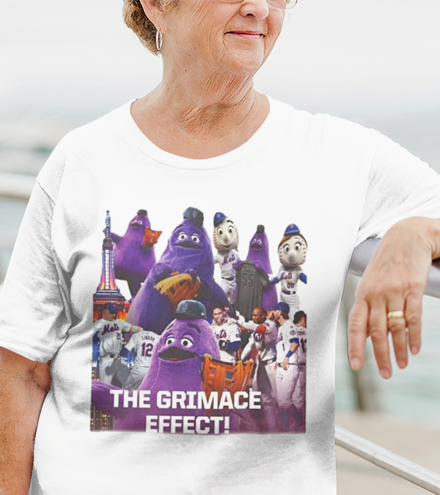 New York Mets The Grimace Effect Baseball Collaboration With Mascot Imagery And Player Interaction T-Shirt