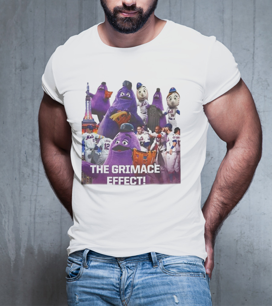 New York Mets The Grimace Effect Baseball Collaboration With Mascot Imagery And Player Interaction T-Shirt