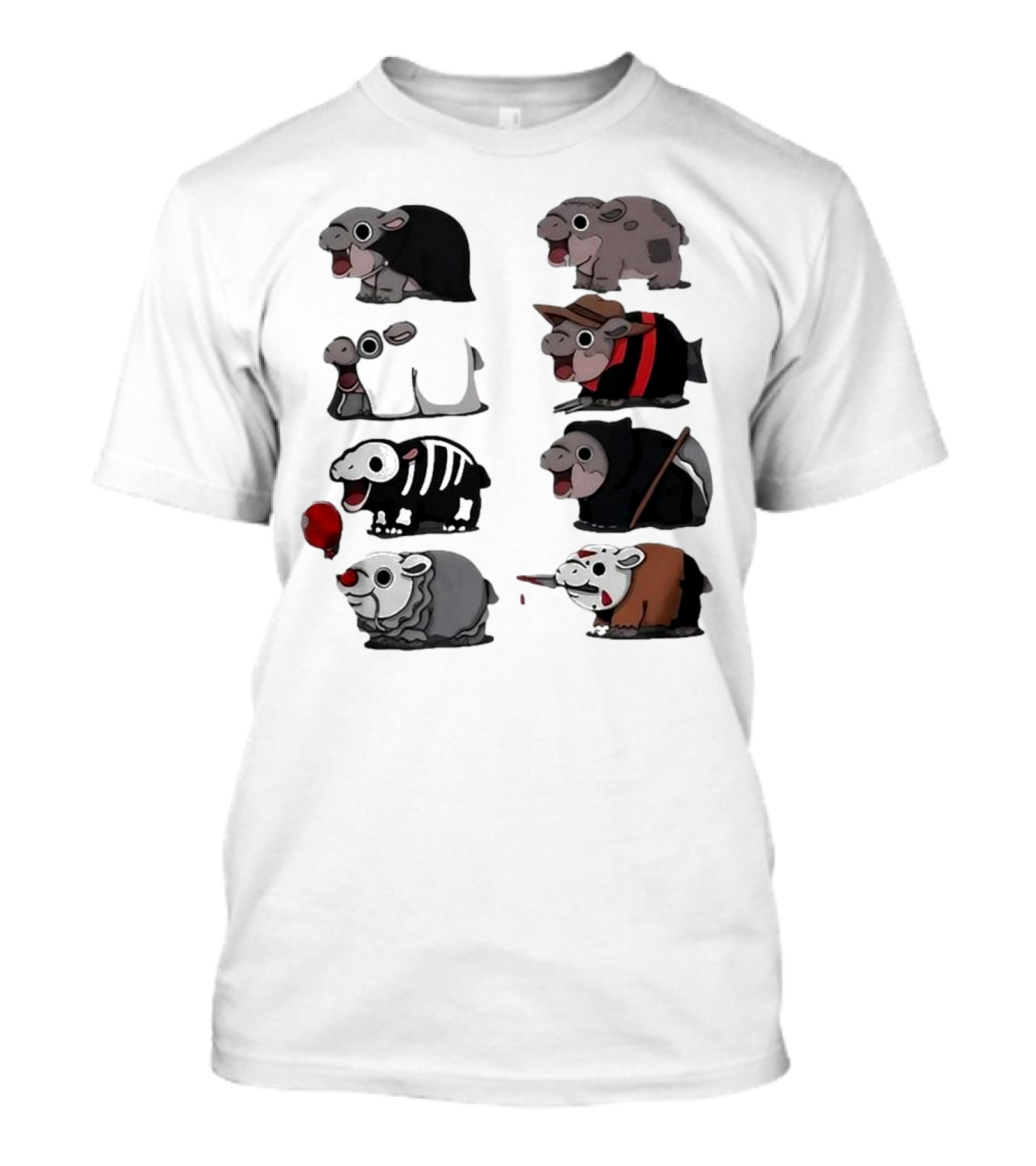 Scary Hippo Moo Deng In Horror Iconic Film Characters T-Shirt