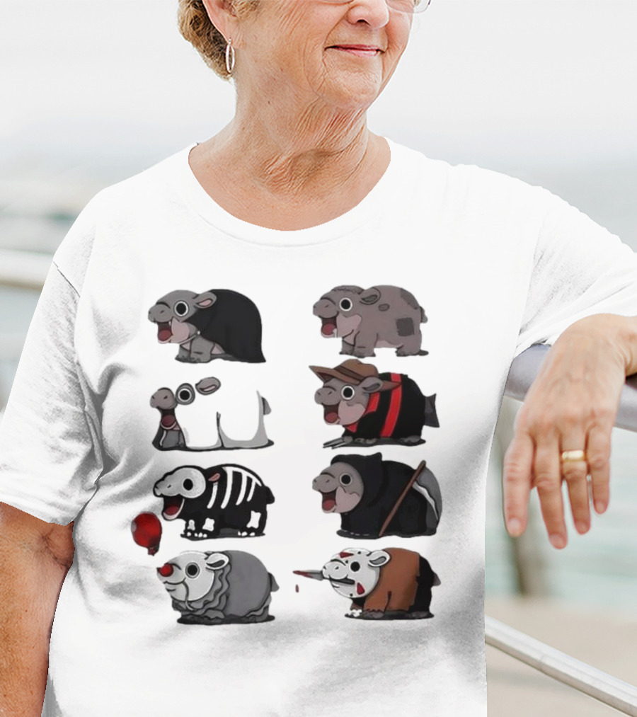 Scary Hippo Moo Deng In Horror Iconic Film Characters T-Shirt