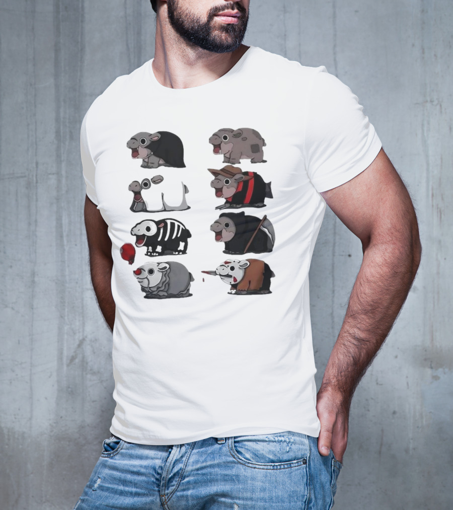 Scary Hippo Moo Deng In Horror Iconic Film Characters T-Shirt