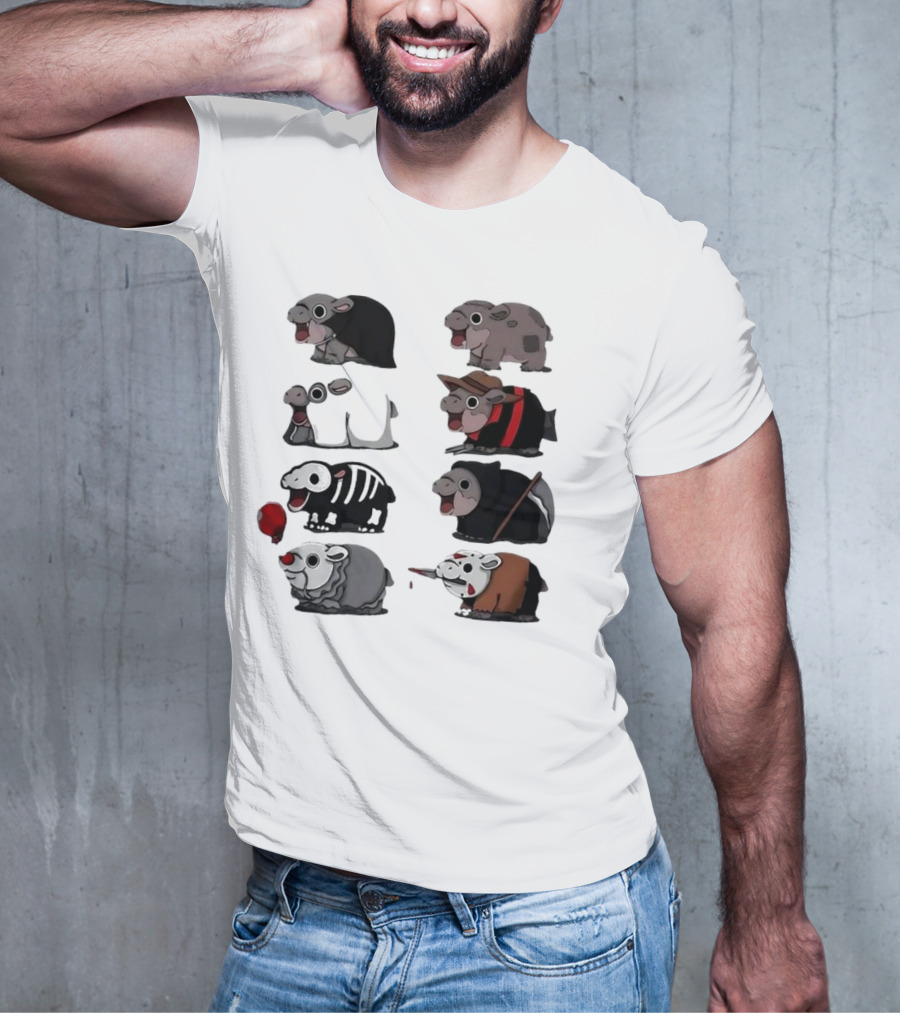 Scary Hippo Moo Deng In Horror Iconic Film Characters T-Shirt