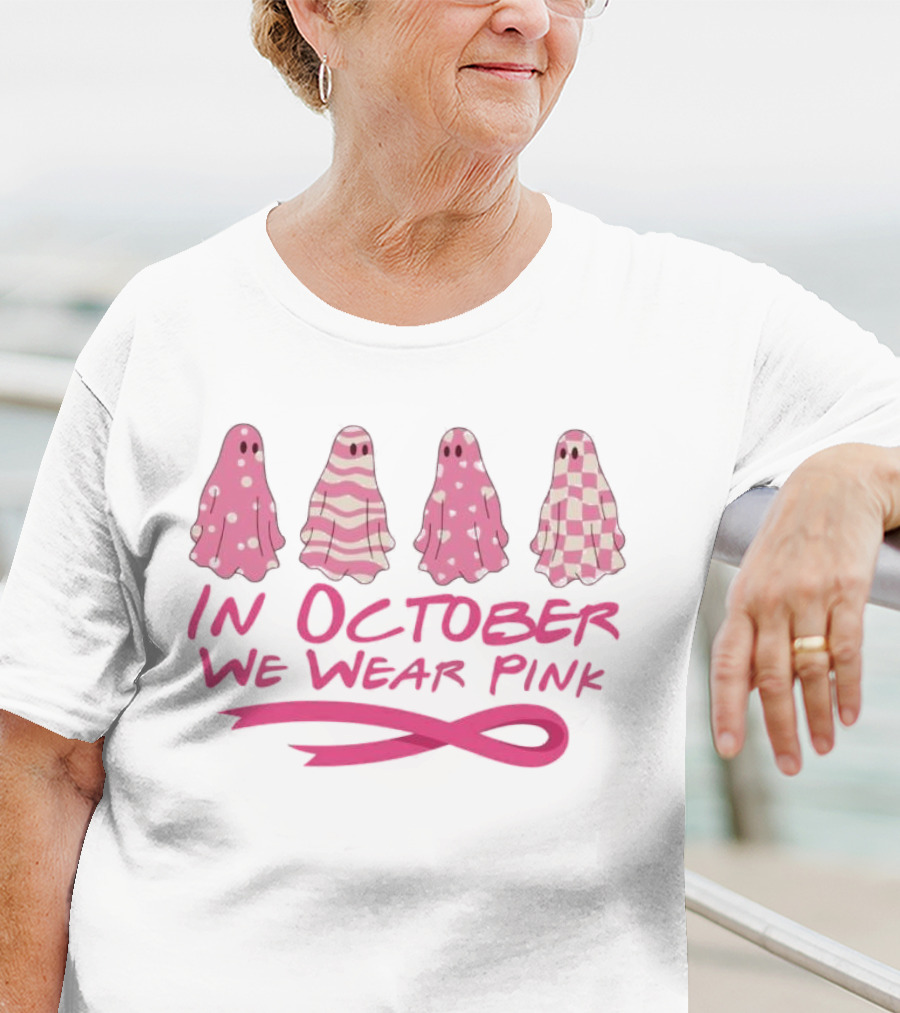 In October We Wear Pink Ghosts Breast Cancer Awareness T-Shirt