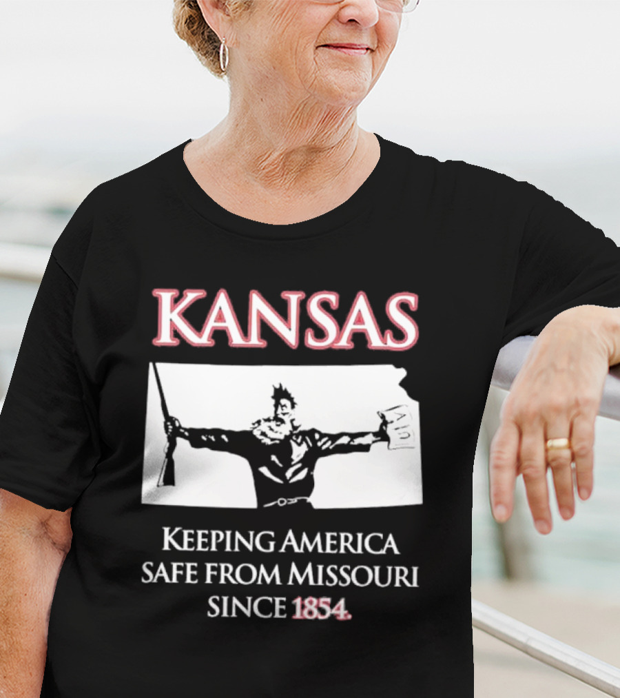 Kansas Keeping America Safe From Missouri Since 1854 Black Shirt With Armed Figure Holding Map And Gun T-Shirt