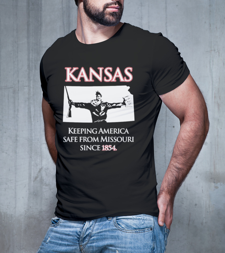Kansas Keeping America Safe From Missouri Since 1854 Black Shirt With Armed Figure Holding Map And Gun T-Shirt