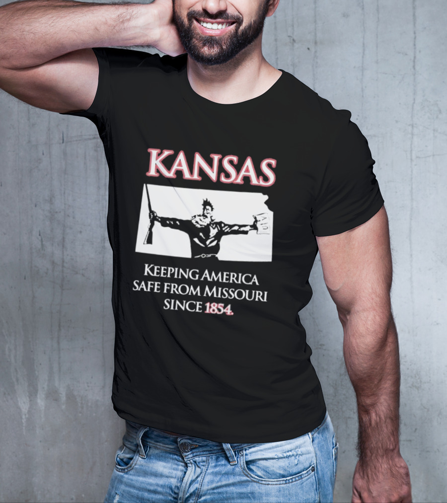 Kansas Keeping America Safe From Missouri Since 1854 Black Shirt With Armed Figure Holding Map And Gun T-Shirt