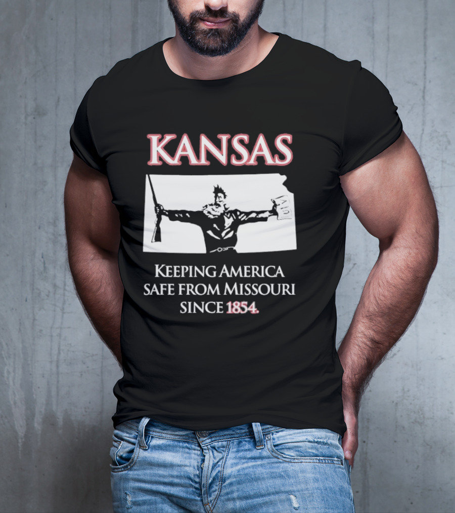 Kansas Keeping America Safe From Missouri Since 1854 Black Shirt With Armed Figure Holding Map And Gun T-Shirt