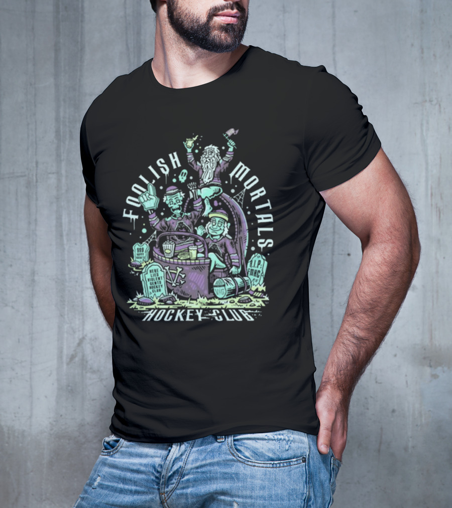 Foolish Mortals Hockey Club With Tombstones And Ghostly Characters T-Shirt
