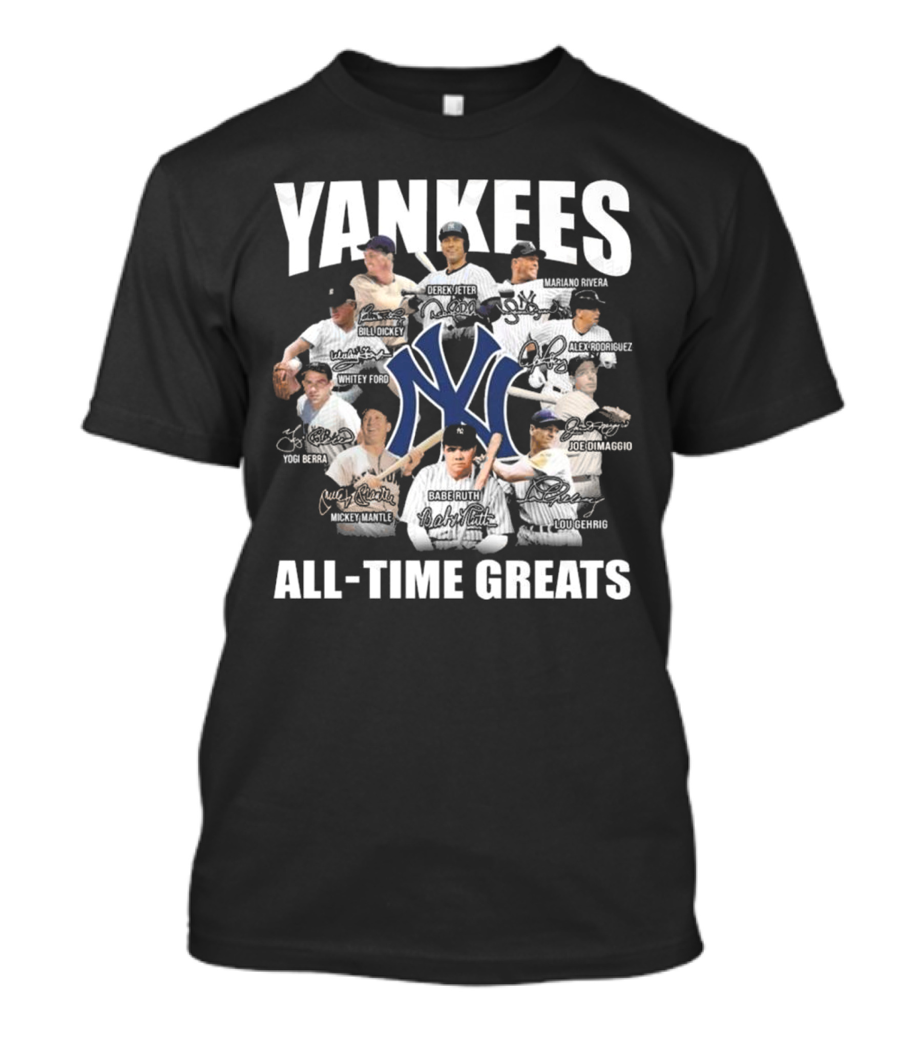 Yankees All-Time Greats Signature Celebrating Derek Jeter Babe Ruth Lou Gehrig Mariano Rivera Mickey Mantle T-Shirt