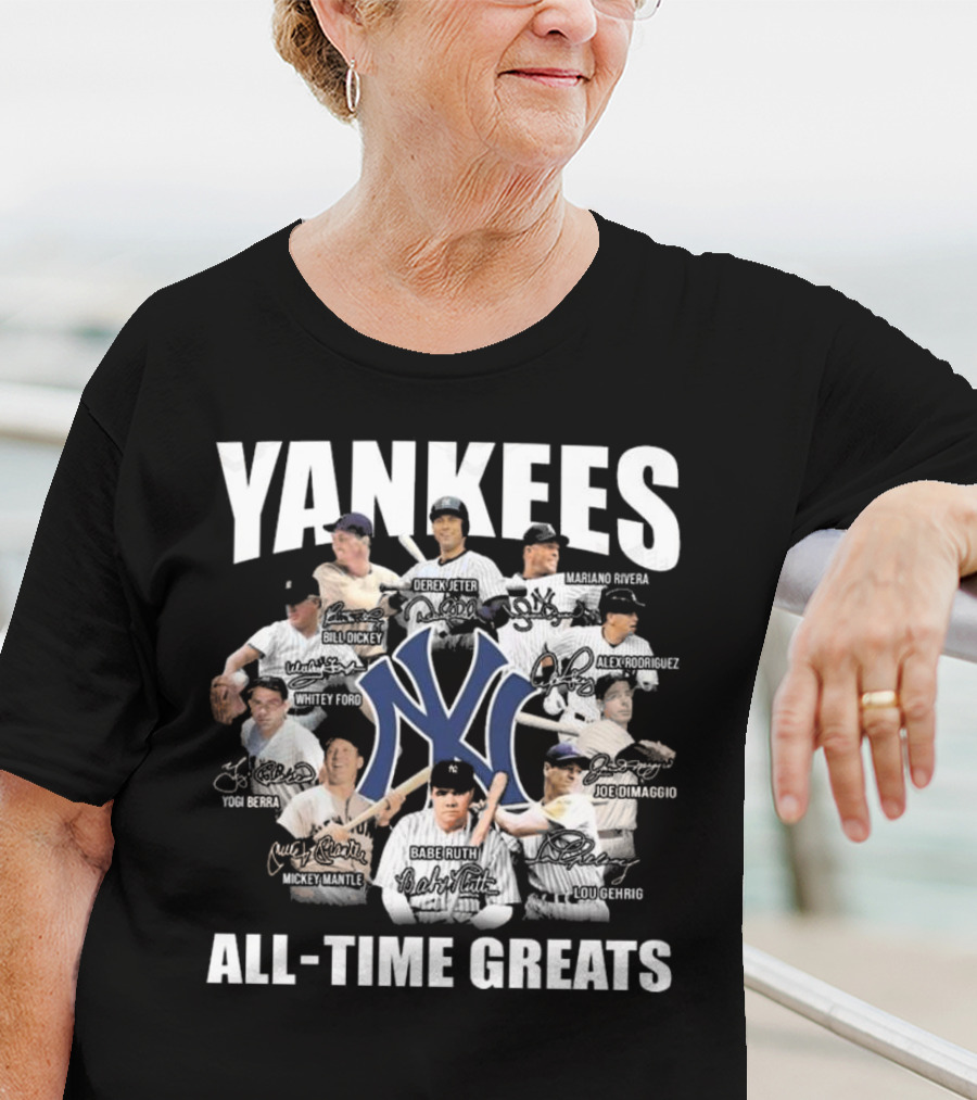 Yankees All-Time Greats Signature Celebrating Derek Jeter Babe Ruth Lou Gehrig Mariano Rivera Mickey Mantle T-Shirt