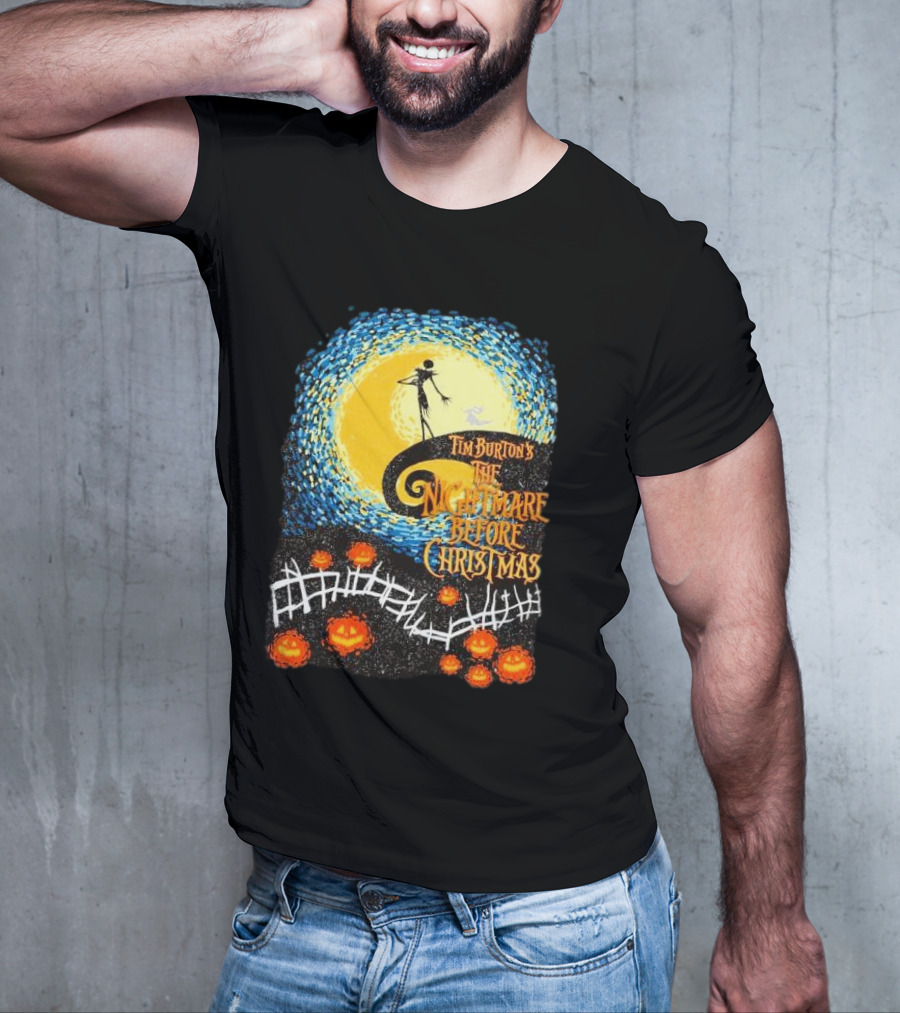Tim Burton's The Nightmare Before Christmas Starry Night Vintage Pumpkin Fence T-Shirt