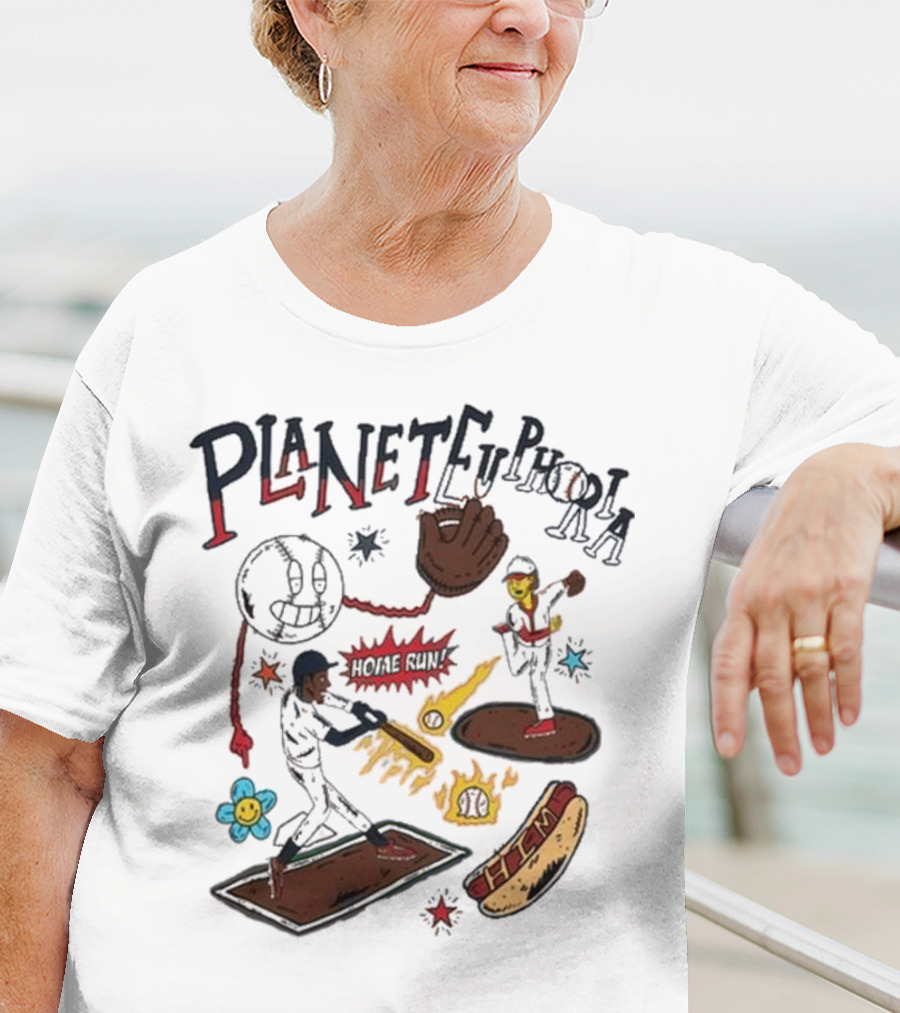 Planet Euphoria Baseball Home Run Hot Dog Illustration With Players And Glove T-Shirt