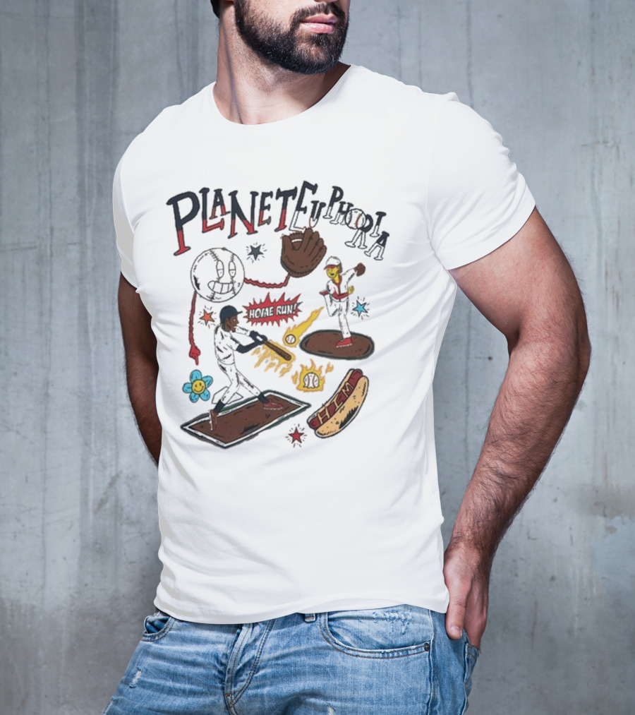 Planet Euphoria Baseball Home Run Hot Dog Illustration With Players And Glove T-Shirt