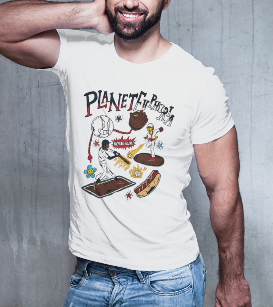 Planet Euphoria Baseball Home Run Hot Dog Illustration With Players And Glove T-Shirt