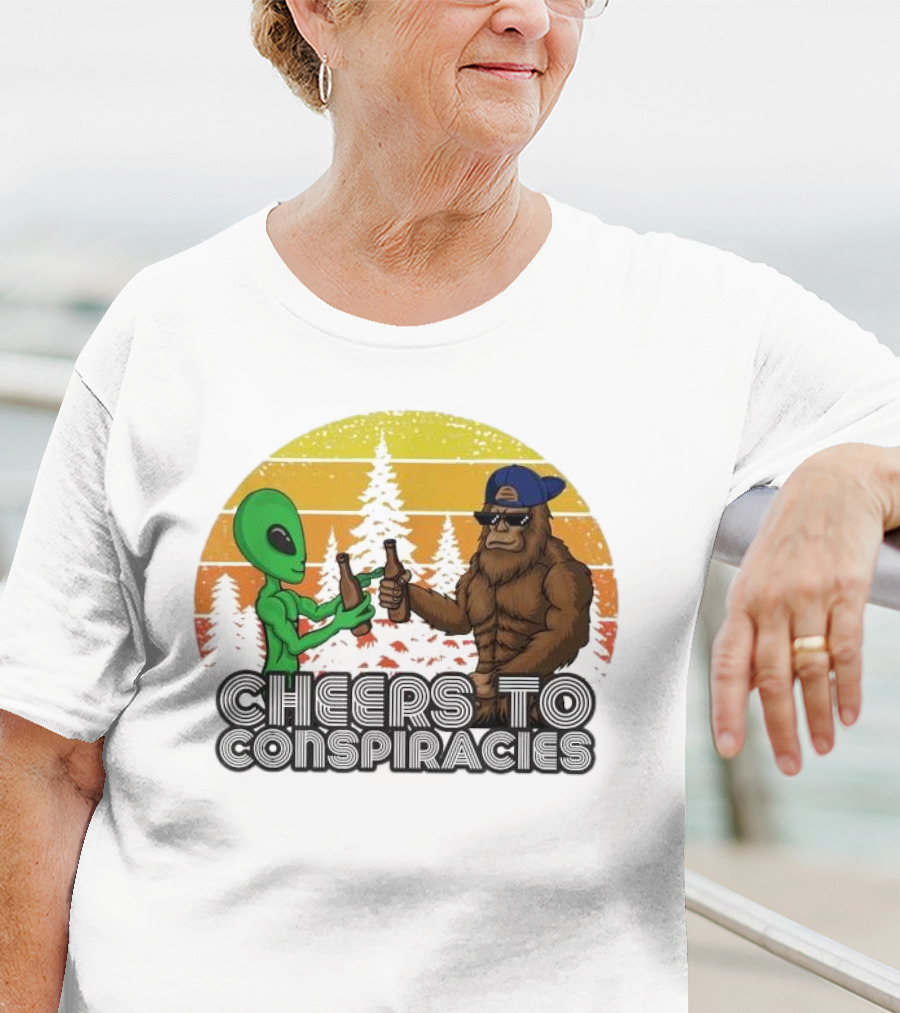 Alien And Bigfoot Cheers To Conspiracies In Retro Sunset Forest T-Shirt