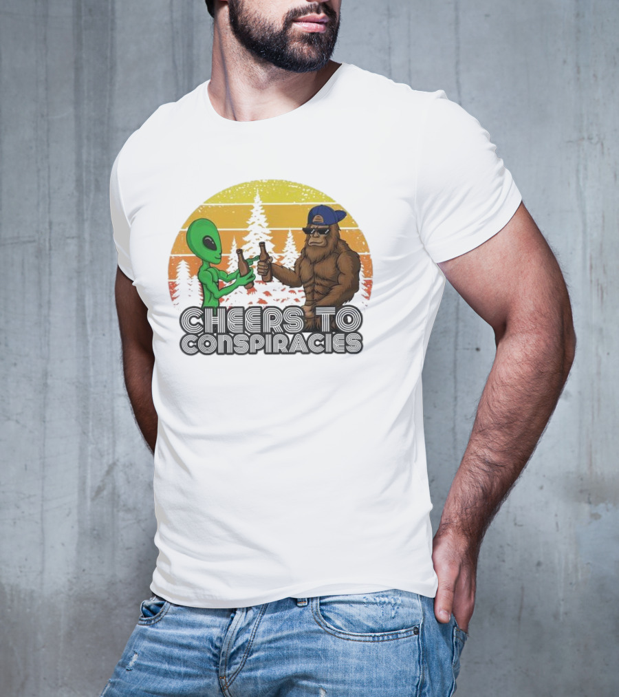 Alien And Bigfoot Cheers To Conspiracies In Retro Sunset Forest T-Shirt