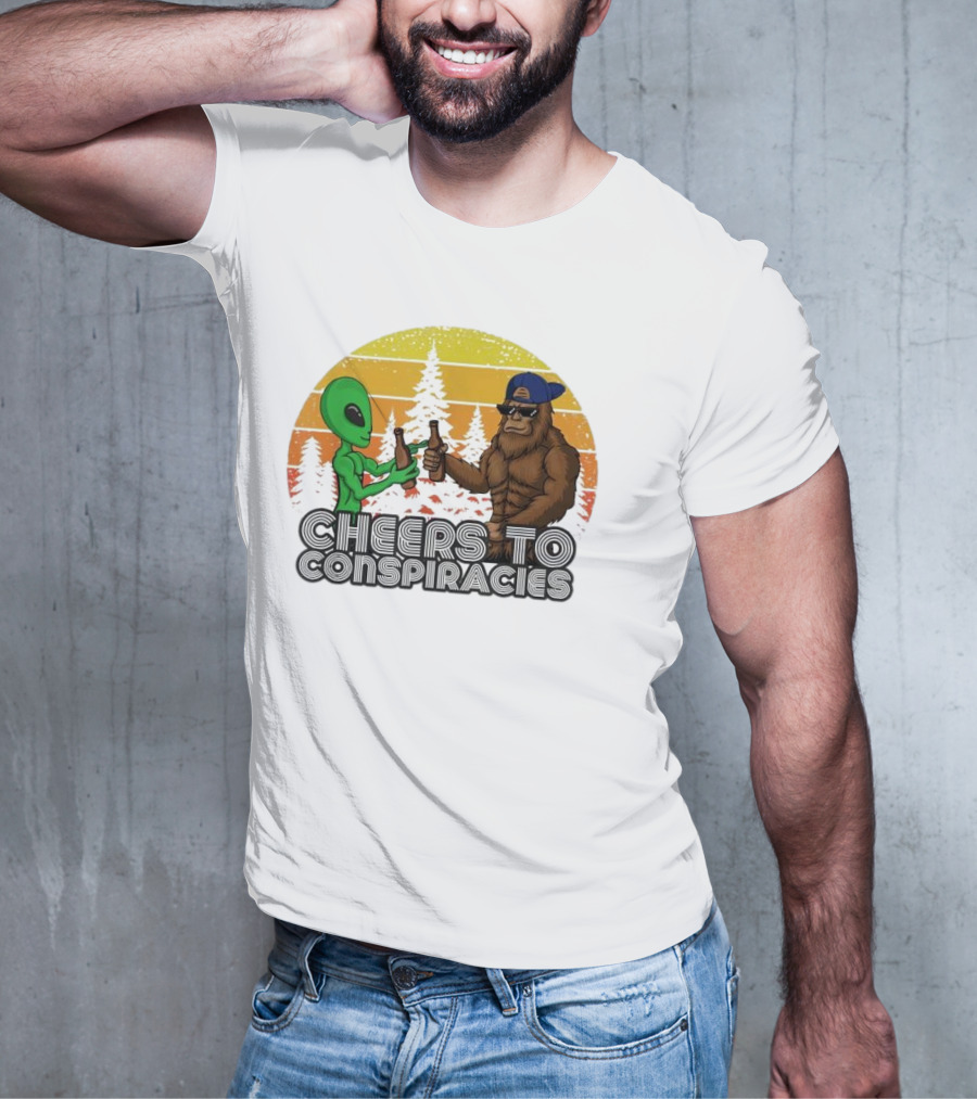 Alien And Bigfoot Cheers To Conspiracies In Retro Sunset Forest T-Shirt