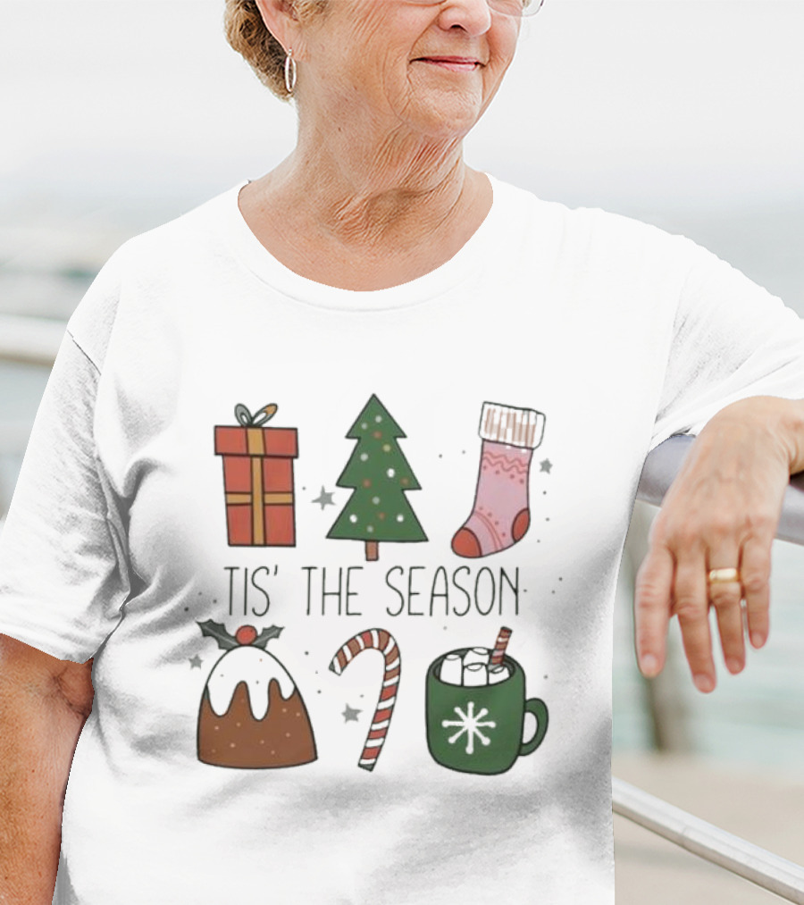 'Tis The Season Christmas Tree Stocking Gift Candy Cane Hot Chocolate T-Shirt
