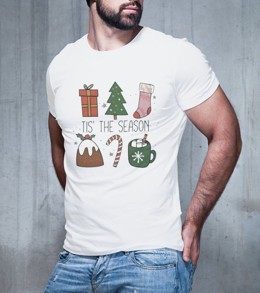 'Tis The Season Christmas Tree Stocking Gift Candy Cane Hot Chocolate T-Shirt