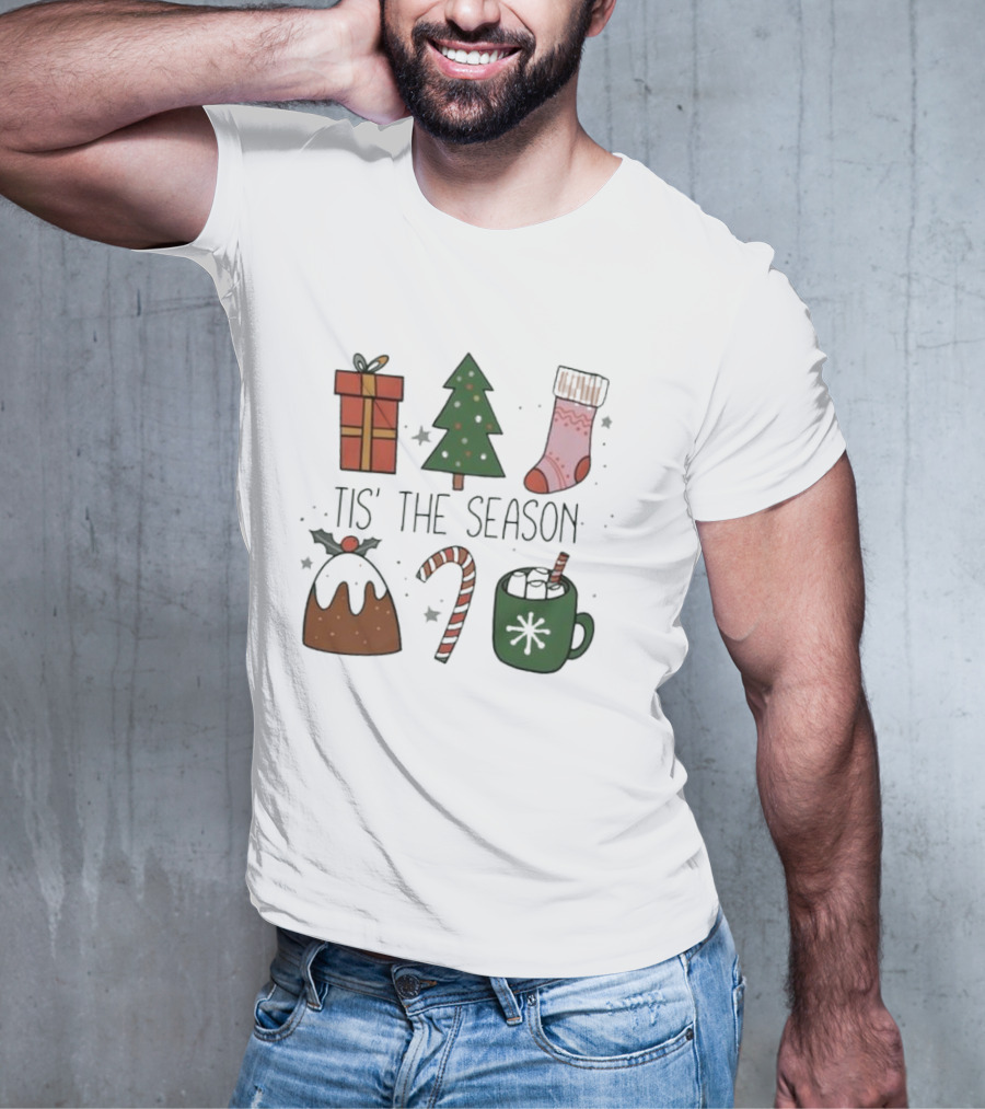 'Tis The Season Christmas Tree Stocking Gift Candy Cane Hot Chocolate T-Shirt