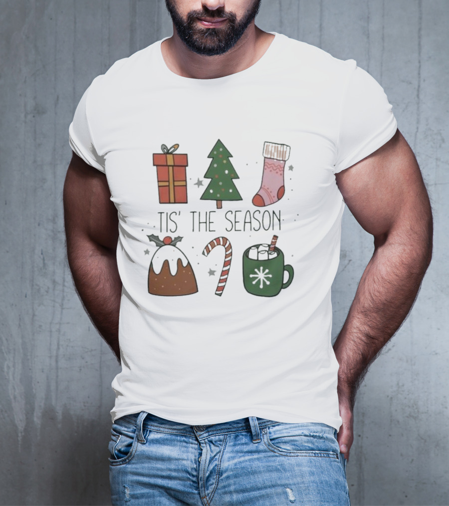 'Tis The Season Christmas Tree Stocking Gift Candy Cane Hot Chocolate T-Shirt