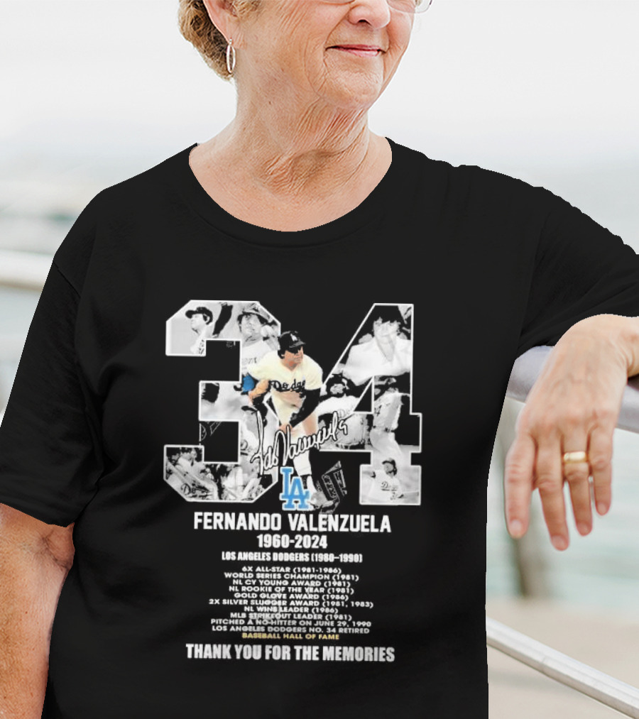 Fernando Valenzuela Los Angeles Dodgers 1980-1991 Baseball Hall Of Fame Thank You For The Memories 34 Signature T-Shirt