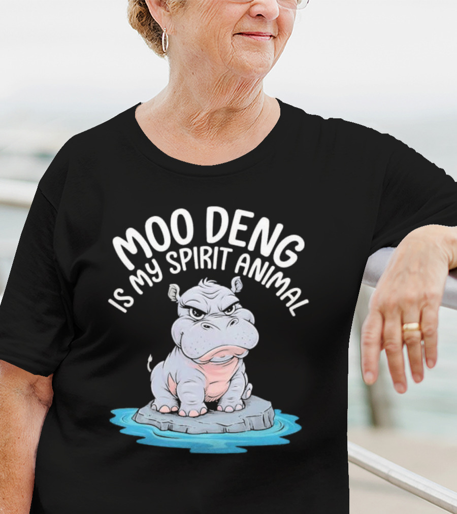 Moo Deng Is My Spirit Animal Cartoon Hippo On Rock In Water T-Shirt