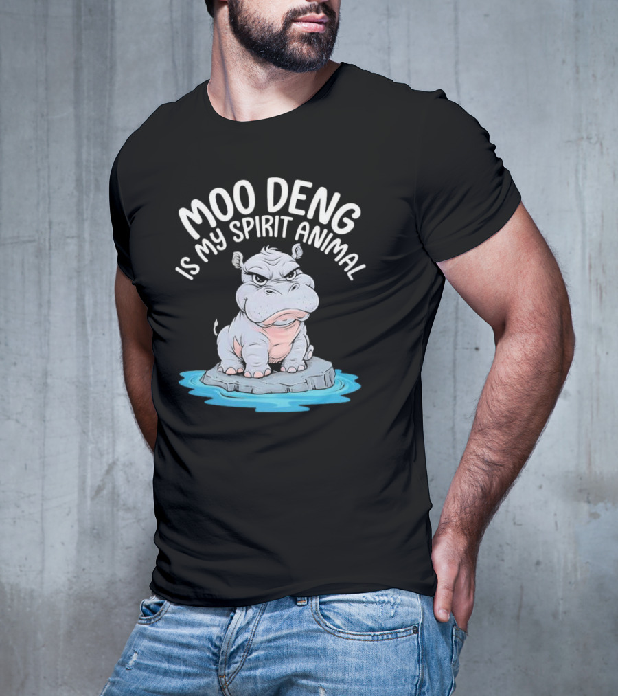 Moo Deng Is My Spirit Animal Cartoon Hippo On Rock In Water T-Shirt