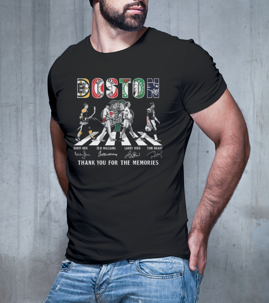 Boston Bruins Red Sox Celtics Patriots Bobby Orr Ted Williams Larry Bird Tom Brady Thank You For The Memories T-Shirt