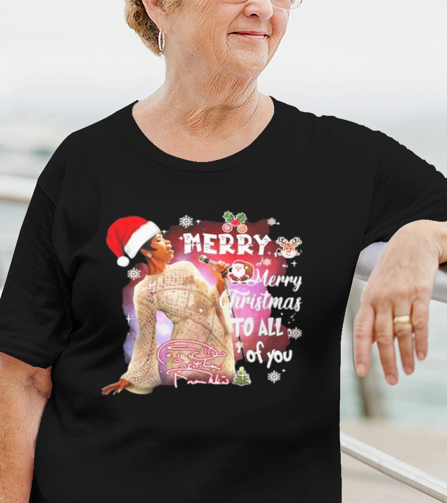 Aretha Franklin Merry Christmas To All Of You Santa Hat Snowflakes T-Shirt