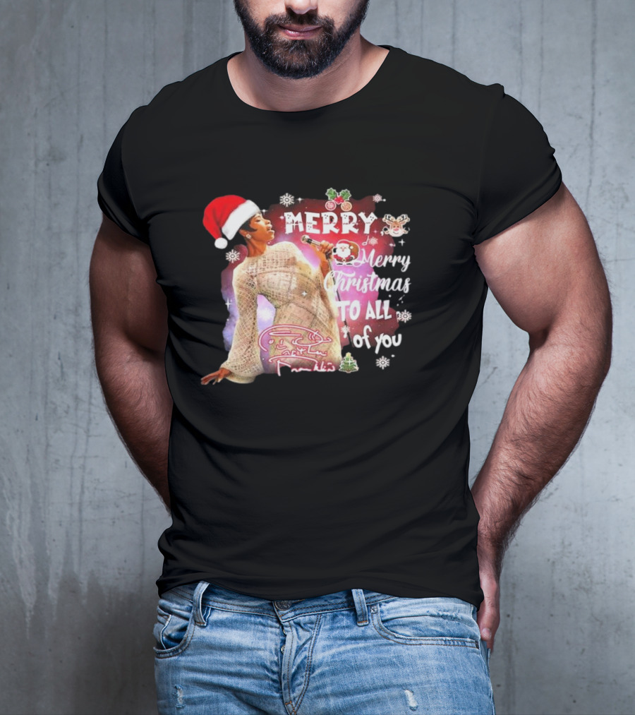 Aretha Franklin Merry Christmas To All Of You Santa Hat Snowflakes T-Shirt