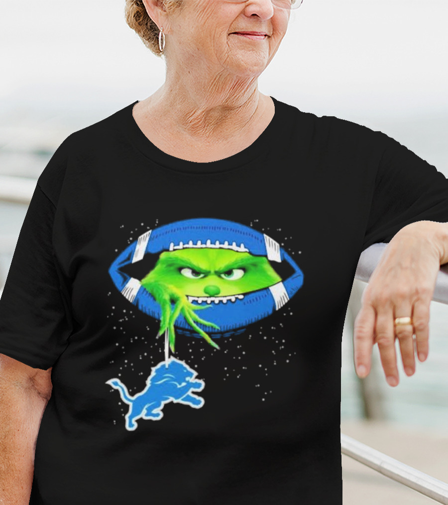 Grinch Holding Detroit Lions Logo Inside Football Christmas T-Shirt