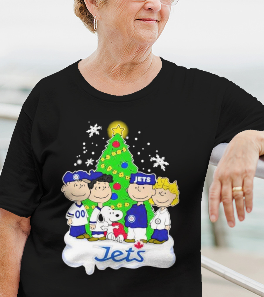 Winnipeg Jets Peanuts Characters Christmas Tree Snoopy Snowflakes T-Shirt