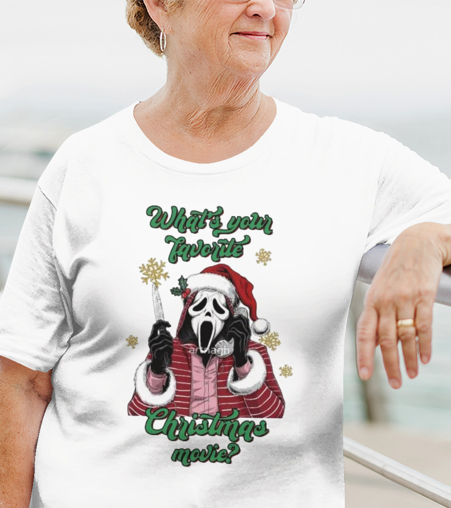 What’s Your Favorite Christmas Movie Santa Skeleton Ghost Face Costume T-Shirt