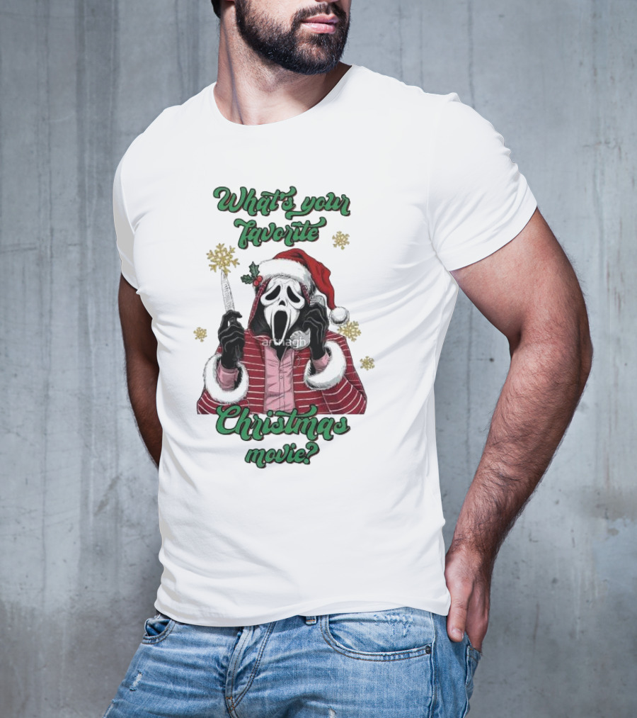 What’s Your Favorite Christmas Movie Santa Skeleton Ghost Face Costume T-Shirt
