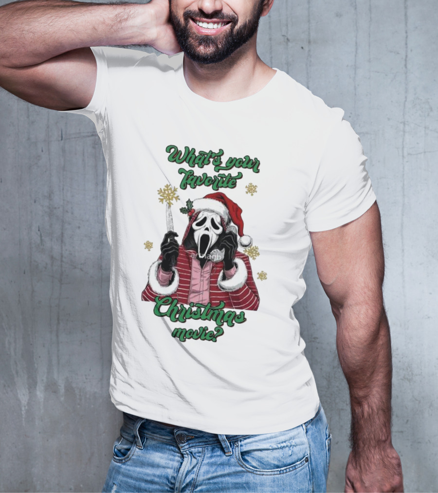 What’s Your Favorite Christmas Movie Santa Skeleton Ghost Face Costume T-Shirt