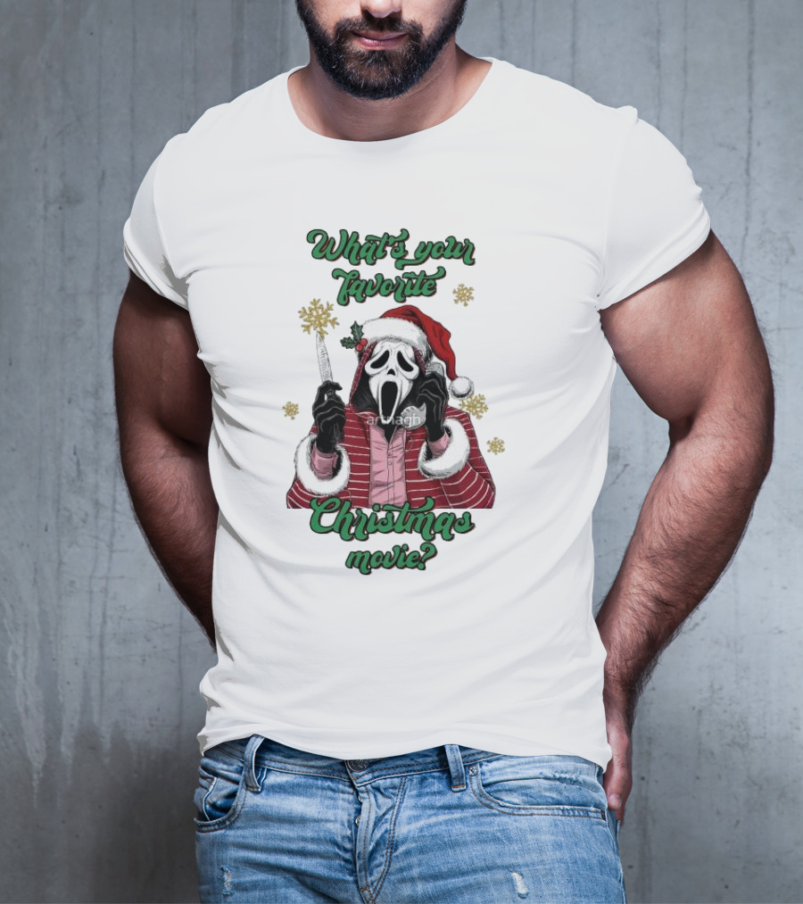 What’s Your Favorite Christmas Movie Santa Skeleton Ghost Face Costume T-Shirt