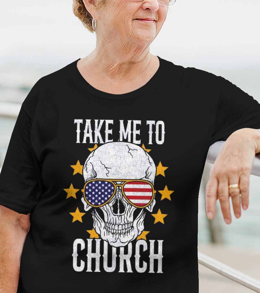 Take Me To Church Skull American Flag Sunglasses T-Shirt