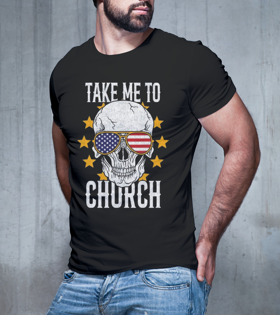 Take Me To Church Skull American Flag Sunglasses T-Shirt