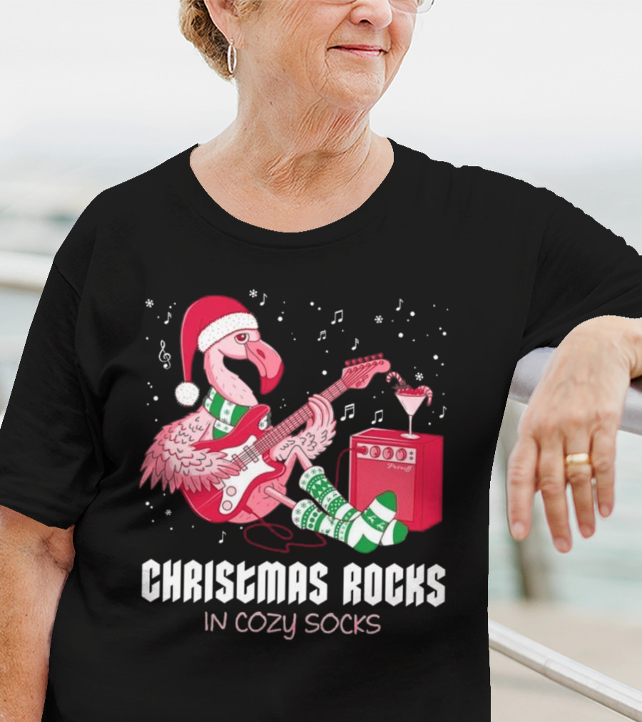 Christmas Rocks In Cozy Socks Flamingo Festive Vibes T-Shirt