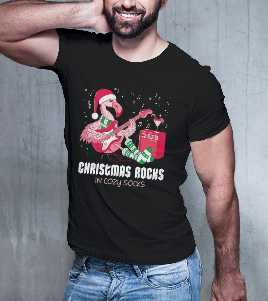 Christmas Rocks In Cozy Socks Flamingo Festive Vibes T-Shirt