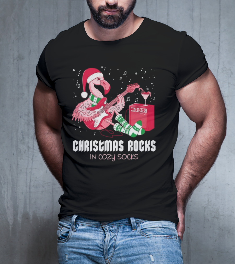 Christmas Rocks In Cozy Socks Flamingo Festive Vibes T-Shirt