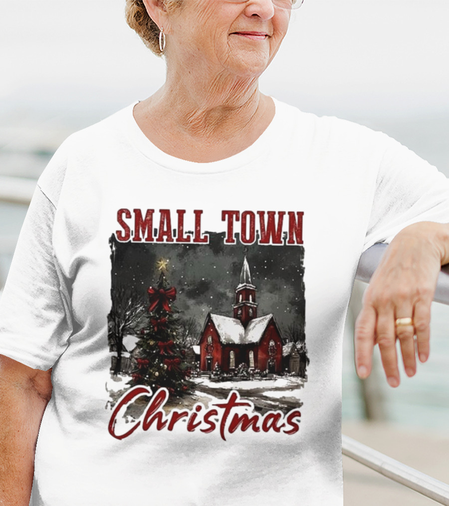 Vintage Retro Small Town Christmas Church Scene T-Shirt