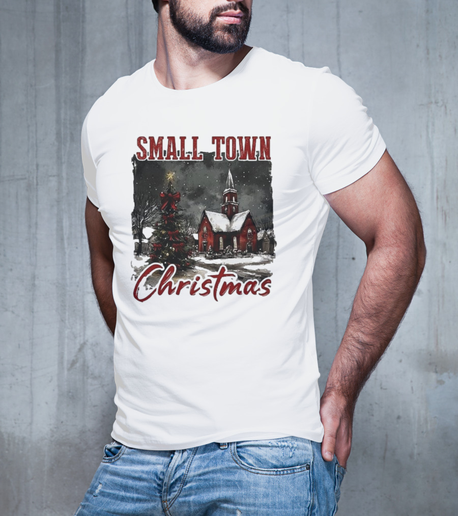 Vintage Retro Small Town Christmas Church Scene T-Shirt
