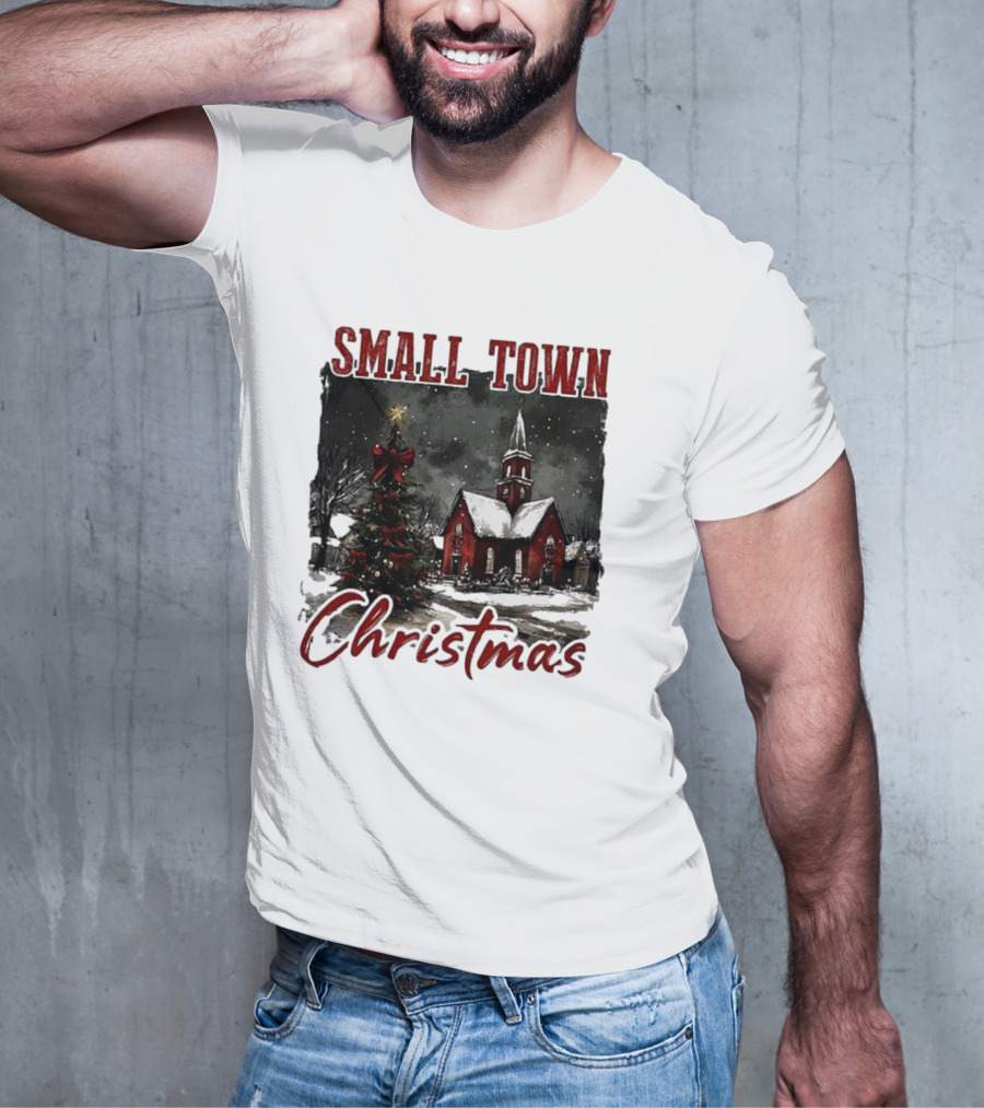 Vintage Retro Small Town Christmas Church Scene T-Shirt