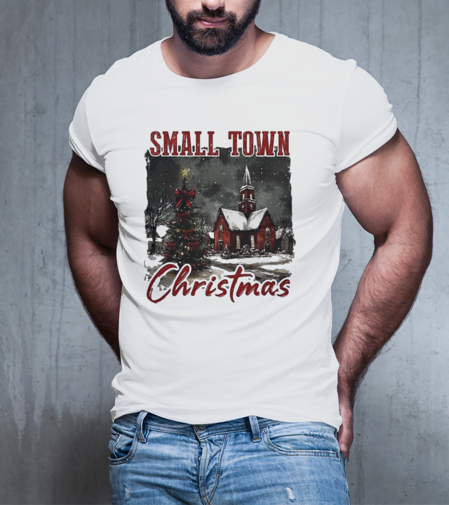 Vintage Retro Small Town Christmas Church Scene T-Shirt